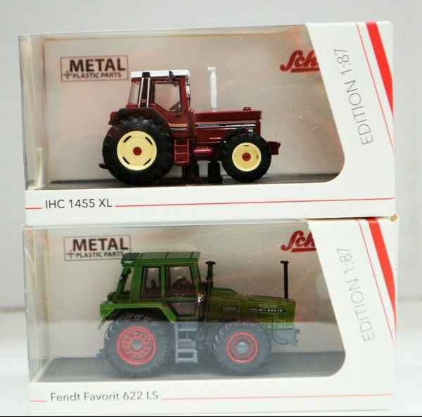 2 x 1:87 Scale Schuco Tractors ( IHC 1455 XL Red & Fendt Favor) Diecast Model