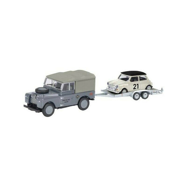 1:87 Scale Schuco Land Rover 88 with Trailer and Mini Cooper - Delaney Racing