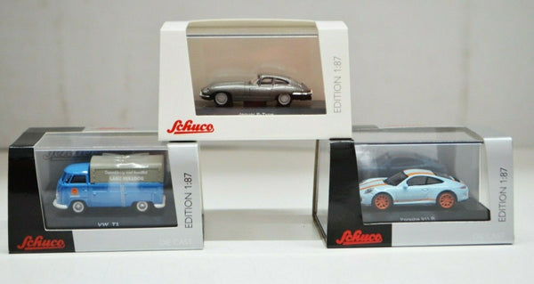 3 x 1:87 Scale Schuco Diecast Models Porsche 911 R, Jaguar E-Type, VW T1