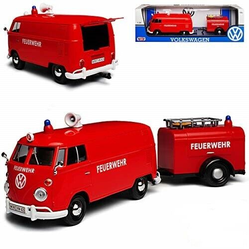 1:24 Scale Volkswagen - T2 Van Fire Truck With Trailer Red Diecast Motor Max