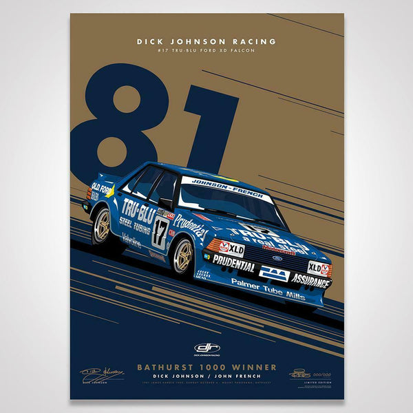 Dick Johnson Tru-Blu Ford Falcon XD 1981 Bathurst Winner #17 Metallic Gold Print