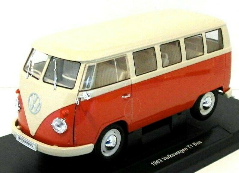 1:18 Scale 1963 Volkswagen T1 Bus Red / Cream 14+ Diecast Welly Nex Models